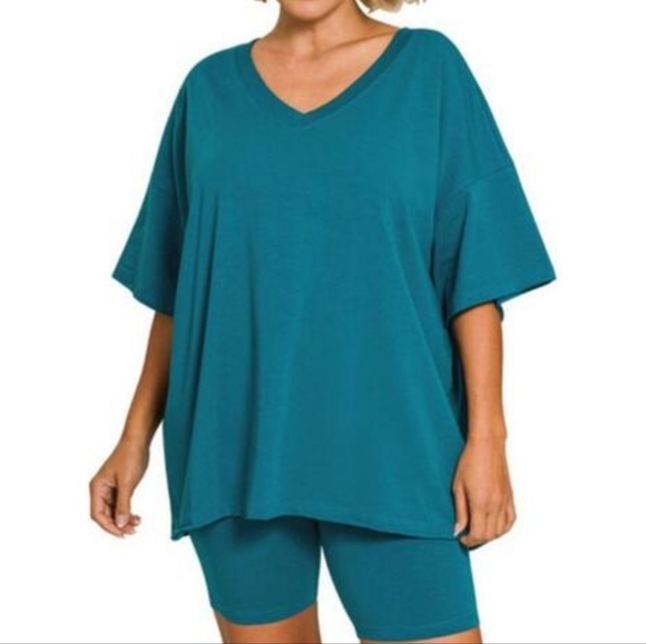 Zenana Outfitters Other - #0529 1X+ NEW ZENANA Ash Jade 2Pc Set:VNeck Tee & Biker Shorts Tee:29ptp 31Lng